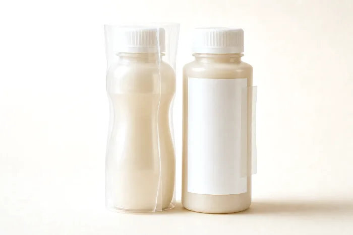 A contoured bottle with a loose clear film sleeve beside a straight-walled bottle with a blank white label and a strip of clear tape.