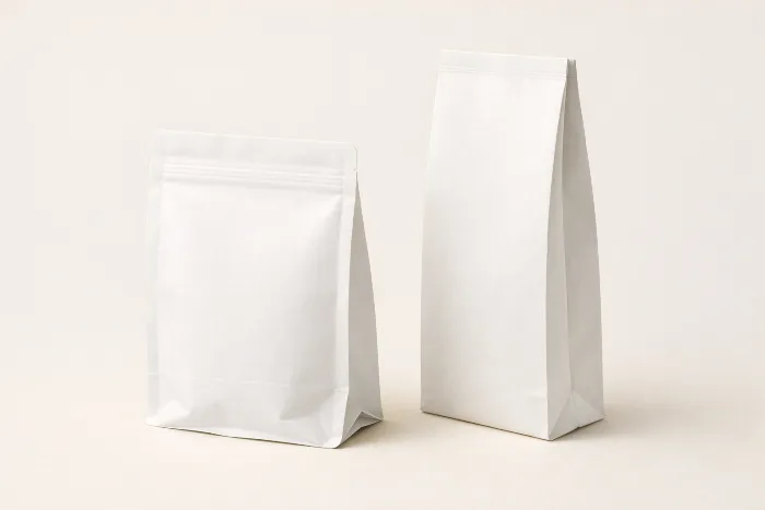 A blank stand-up pouch with a folded bottom gusset beside a taller bag with folded side gussets.