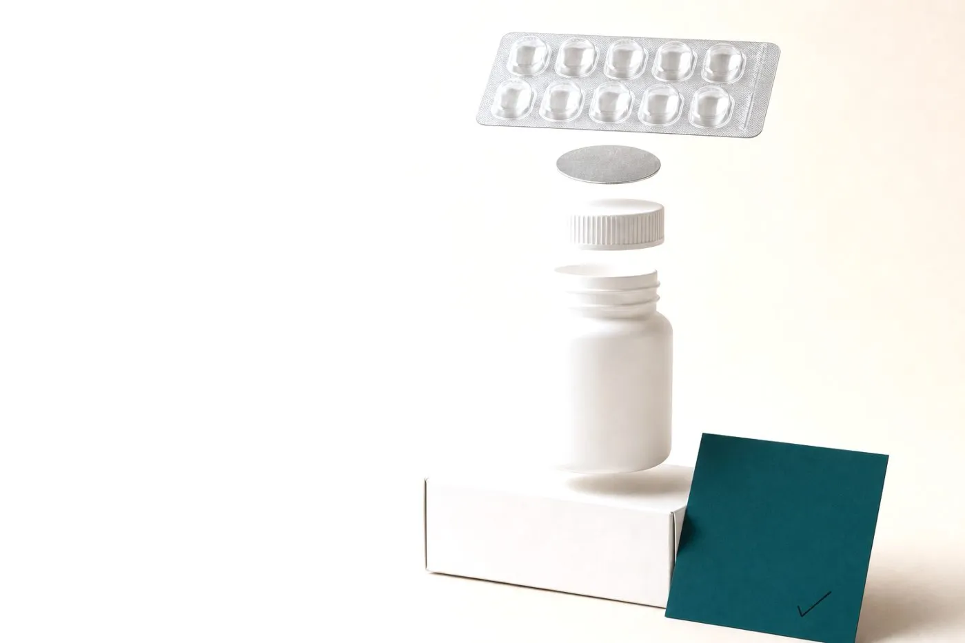 Supplement packaging components exploded in a vertical line: carton, packer bottle, cap, induction liner, and blister strip